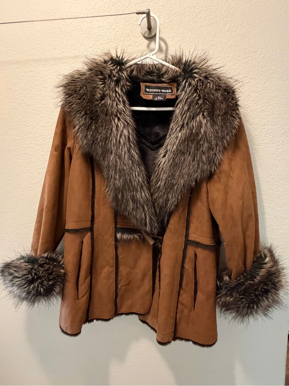 Regent Park Women's Brown Faux-Suede Teddy Jacket with Faux-Fur Trim